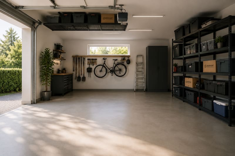 Uporządkowany garaż z BoxPoint — rower, regały z pojemnikami, więcej miejsca w domu